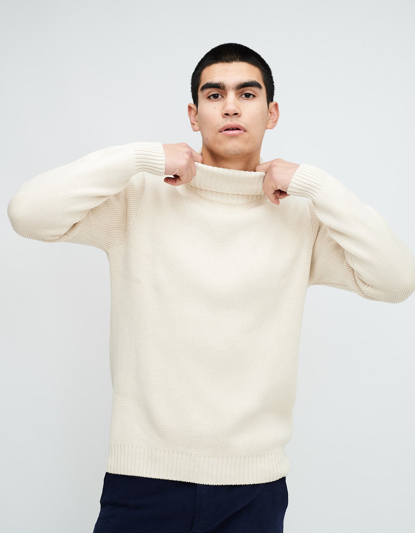 Ecru Cotton Roll Neck Jumper