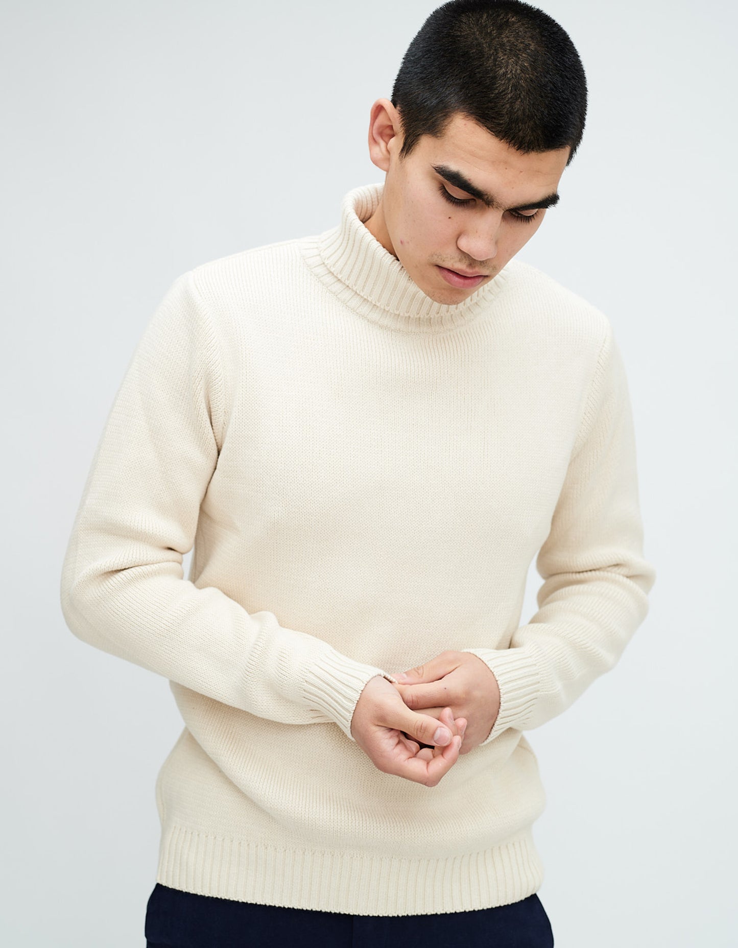 Ecru Cotton Roll Neck Jumper