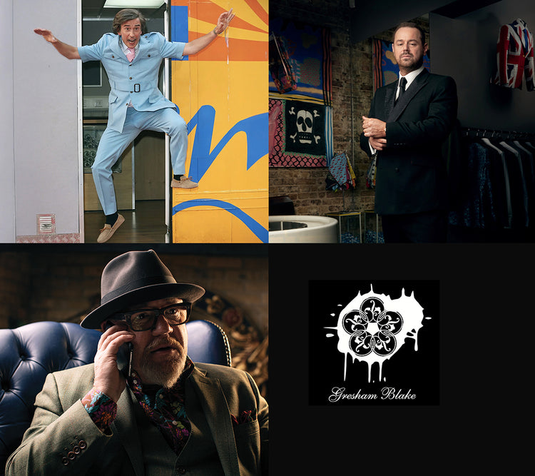 Collage of three images featuring celebrity clients wearing bespoke Gresham Blake suits with a logo in the corner.
