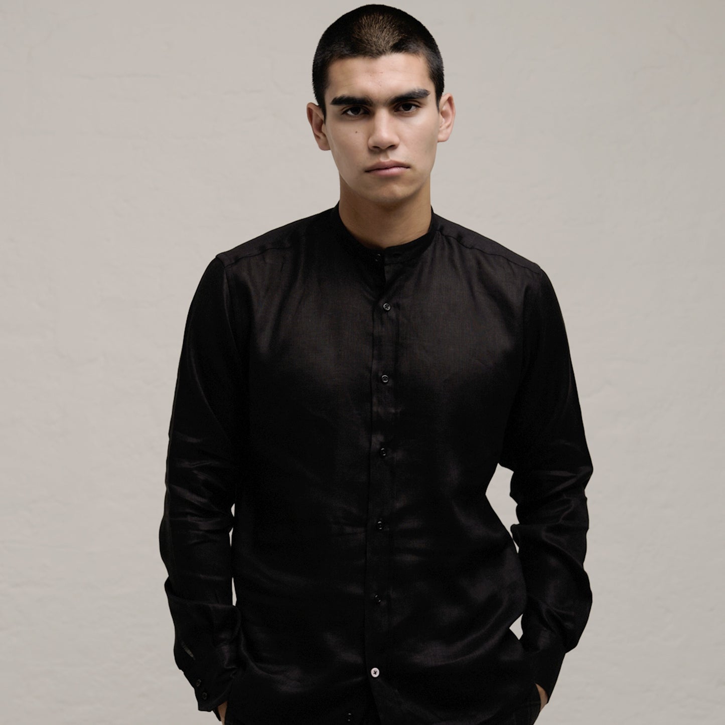 Black Linen Nehru Collar Shirt