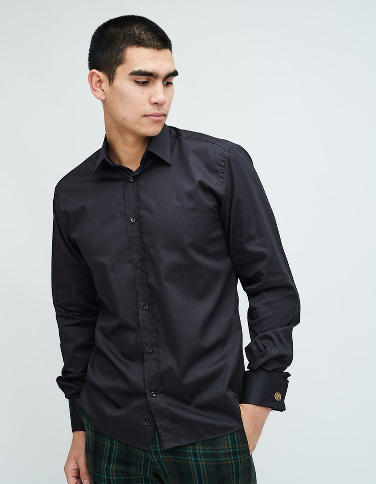 Black Double Cuff Kent Collar Shirt - Gresham Blake Online