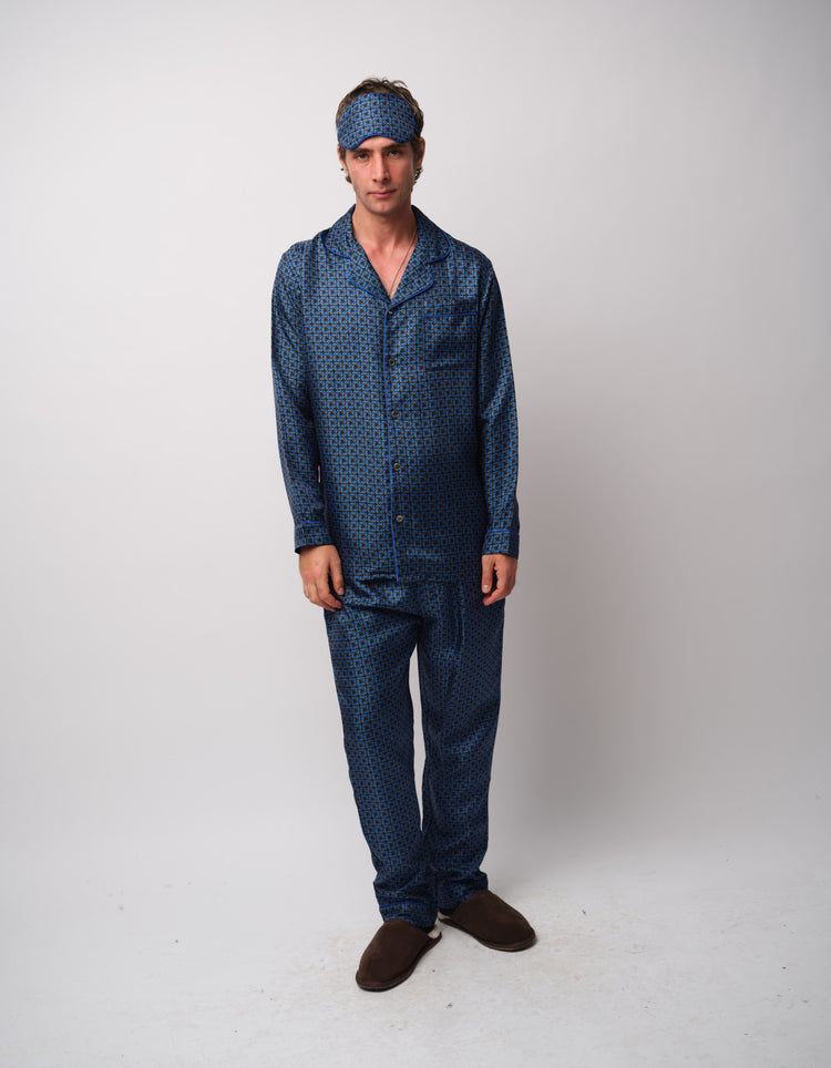 Blue Geometric Silk Pyjamas - worn with the matching silk eye mask