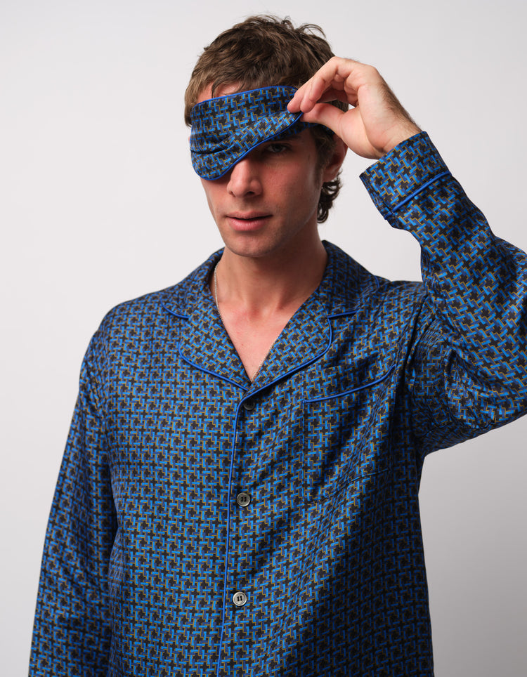 Blue Geometric Silk Pyjamas - styled with the matching eye mask