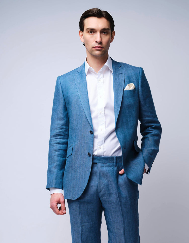 Blue Herringbone Linen Suit - Gresham Blake Online