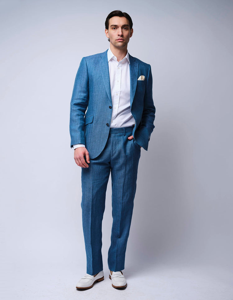 Blue Herringbone Linen Suit - Gresham Blake Online