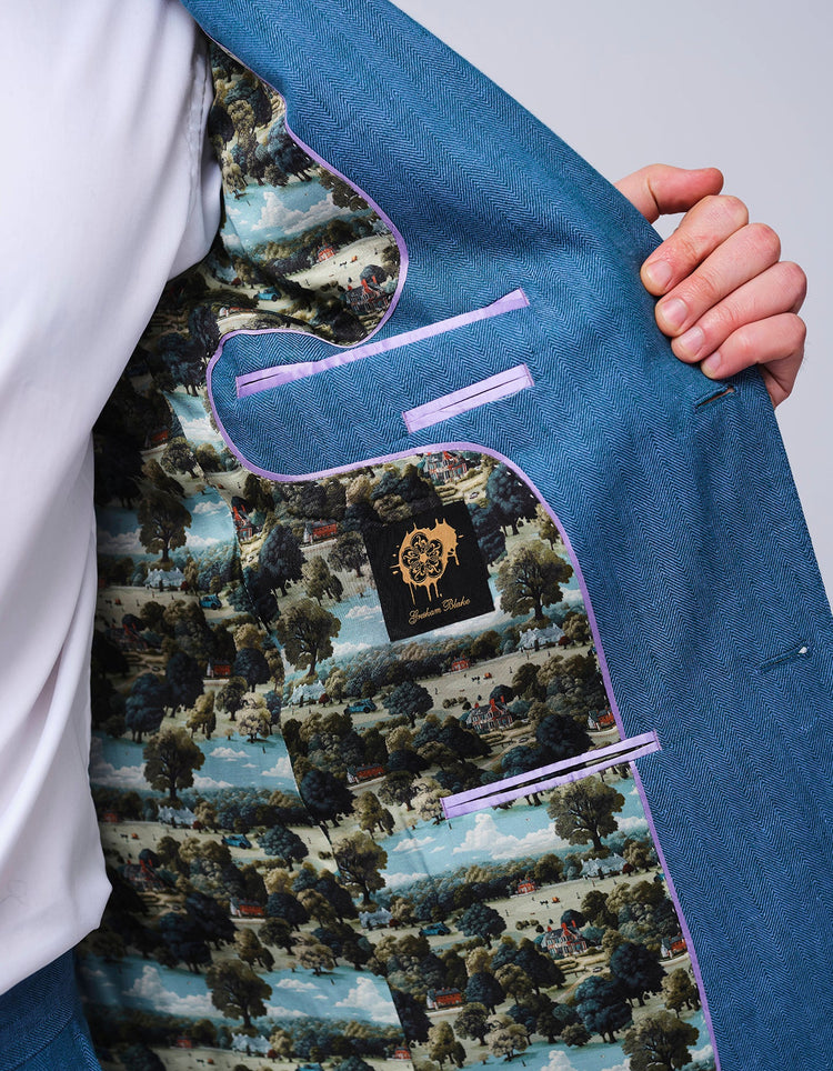 Blue Herringbone Linen Suit - Gresham Blake Online