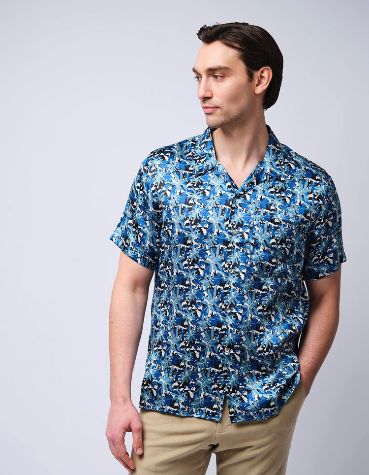 Blue Leaves Short Sleeve Silk Shirt - Gresham Blake Online