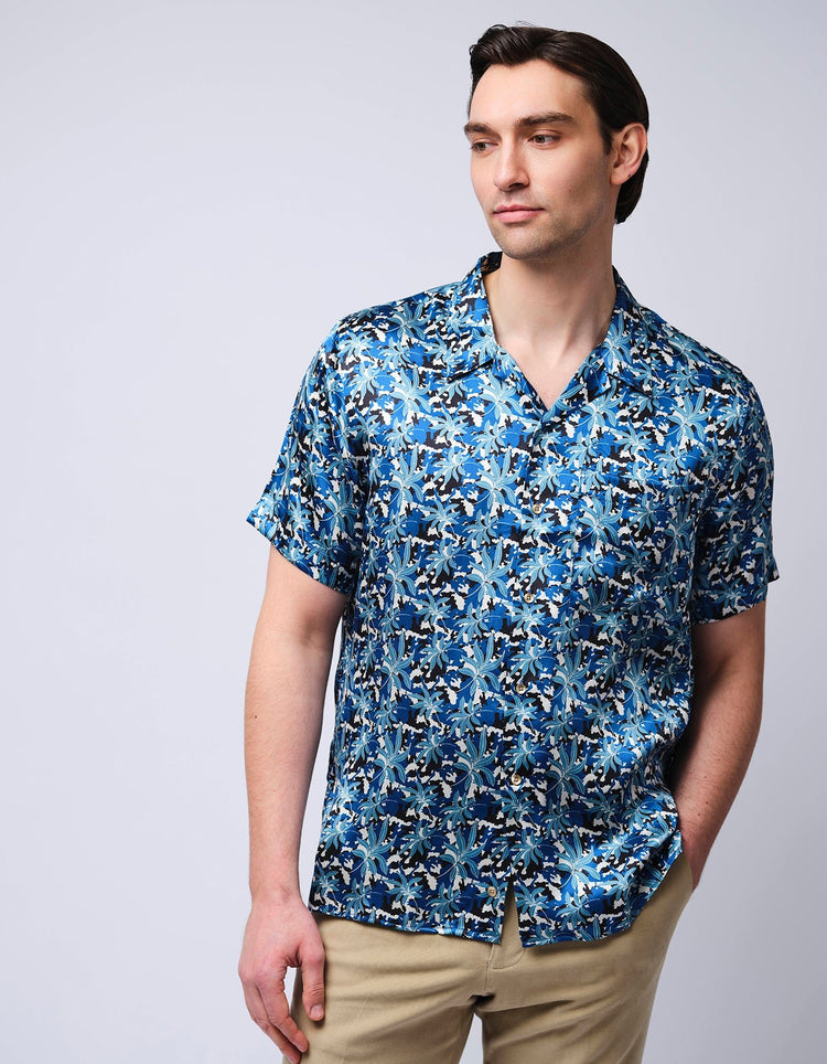 Blue Leaves Short Sleeve Silk Shirt - Gresham Blake Online