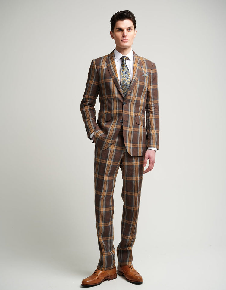 Brown & Blue Check Linen Suit - Gresham Blake Online