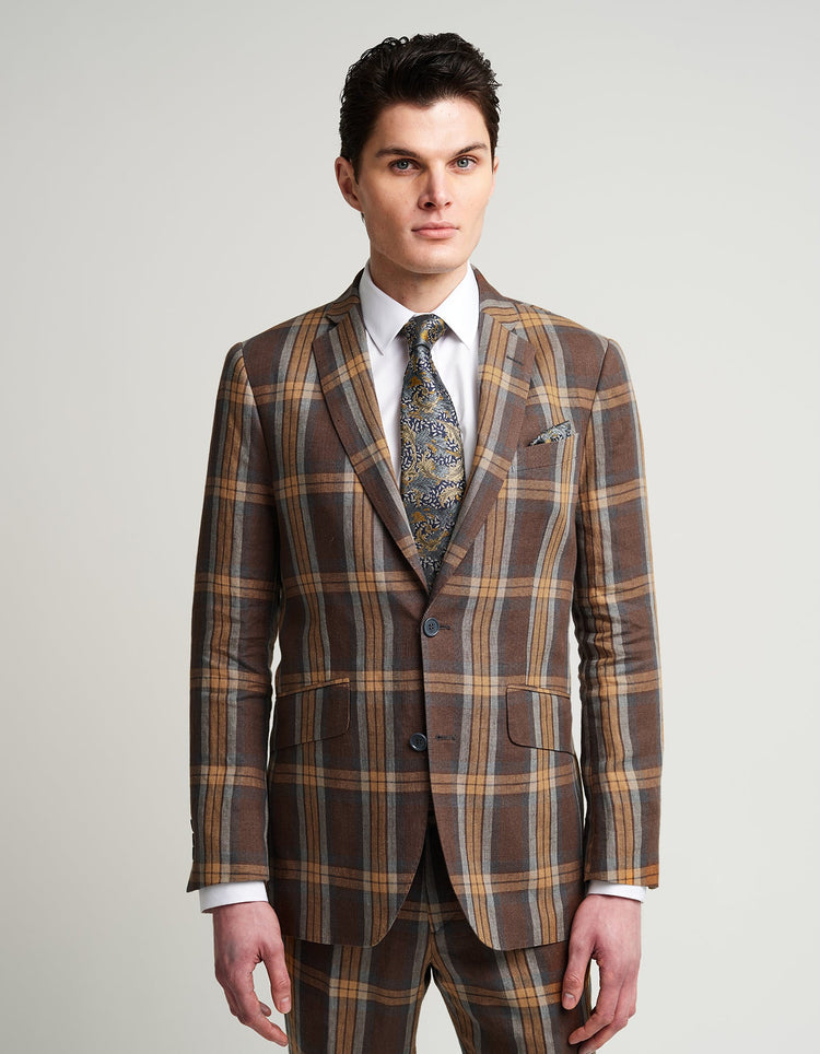 Brown & Blue Check Linen Suit - Gresham Blake Online