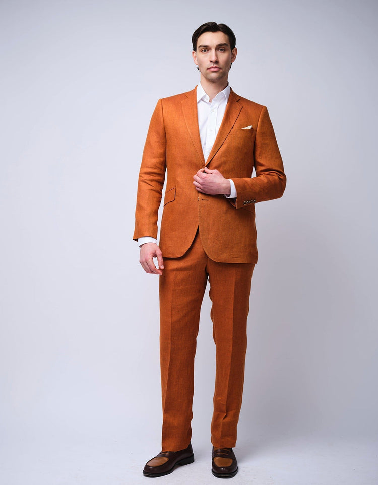 Burnt Orange Herringbone Linen Suit - Gresham Blake Online