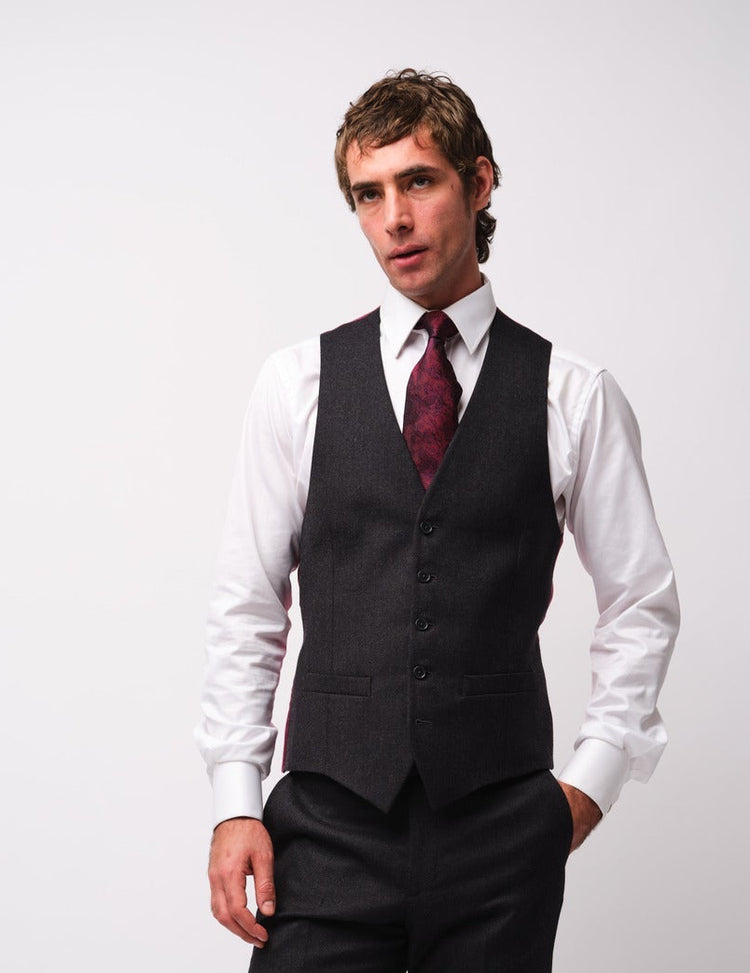 Charcoal Merino Wool Twill Waistcoat - Gresham Blake Online