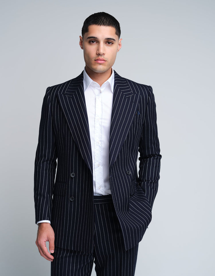 Double Breasted Navy Chalk Stripe Suit - Gresham Blake Online