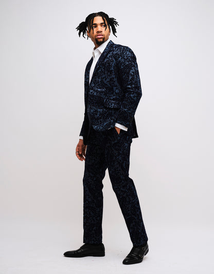 Navy Flocked Paisley Denim 2 Piece Suit GOLD COLLECTION