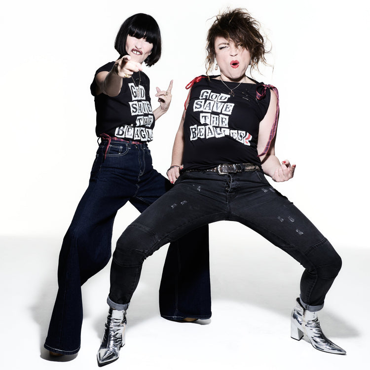 Collette Cooper and Lois Winstone wearing the God Save The Beagles T-shirt, photographed by Rankin