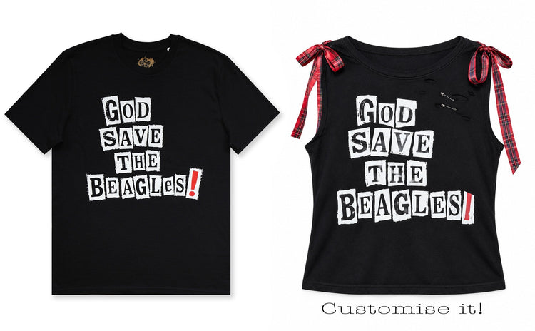 The God Save The Beagles T-shirt as it arrives, and the same shirt customised with the ribbon and safety pins from the kit