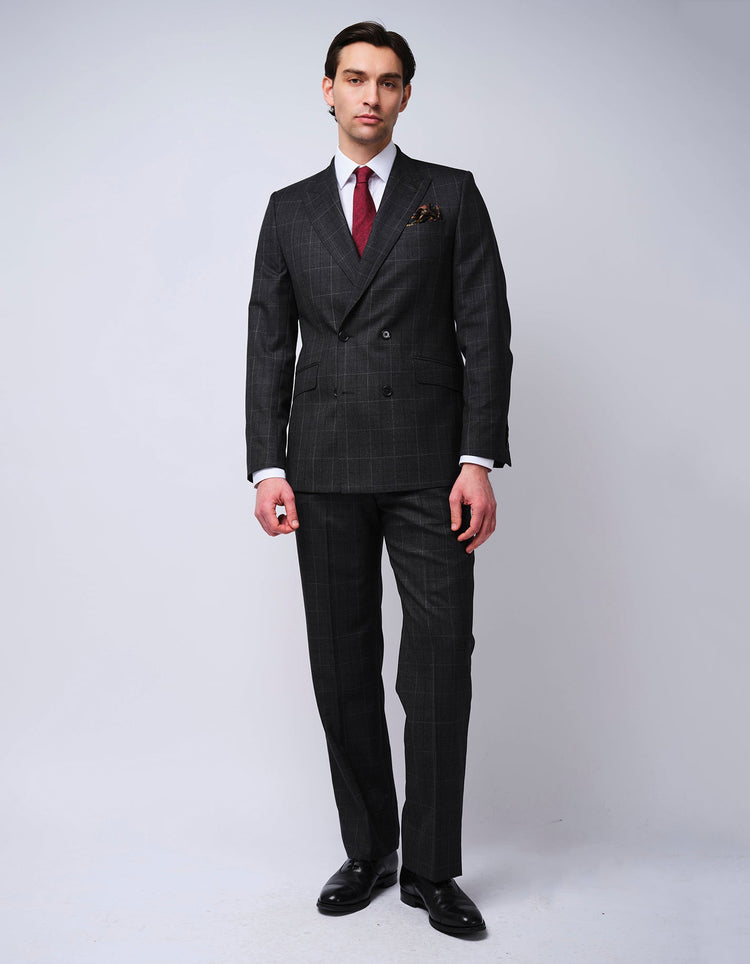 Grey Check Double Breasted Wool Suit - Gresham Blake Online