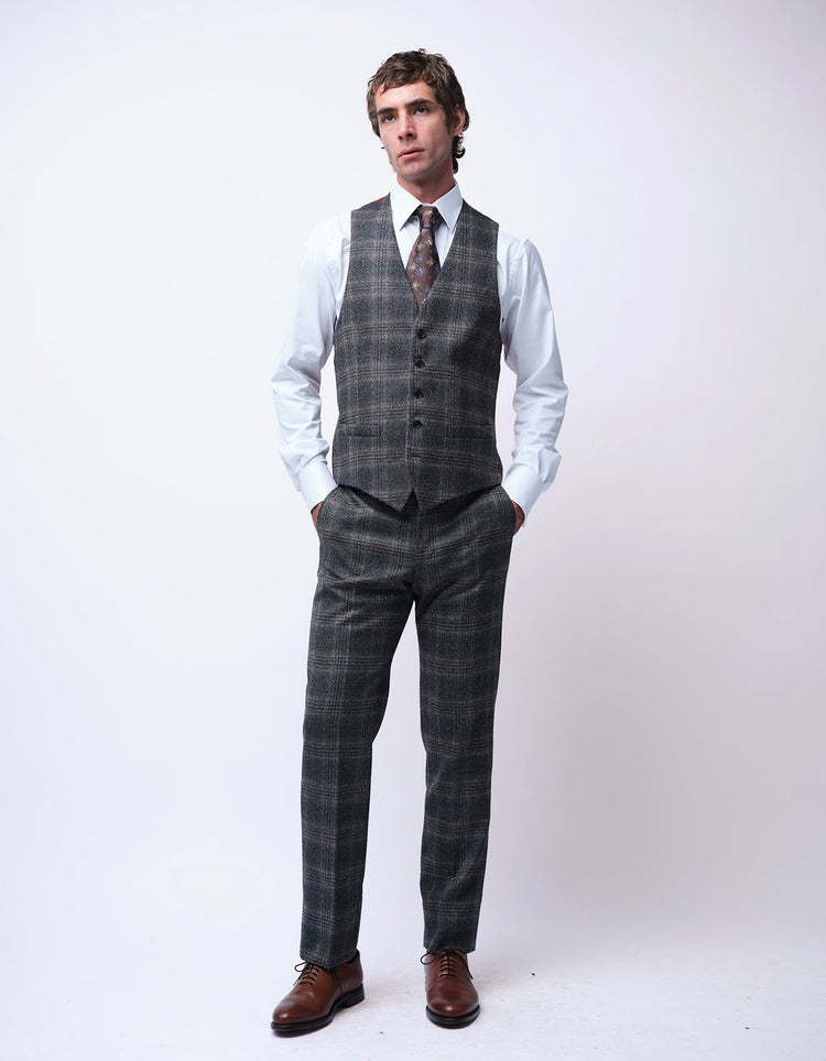 Grey Merino Wool Check Waistcoat - Gresham Blake Online