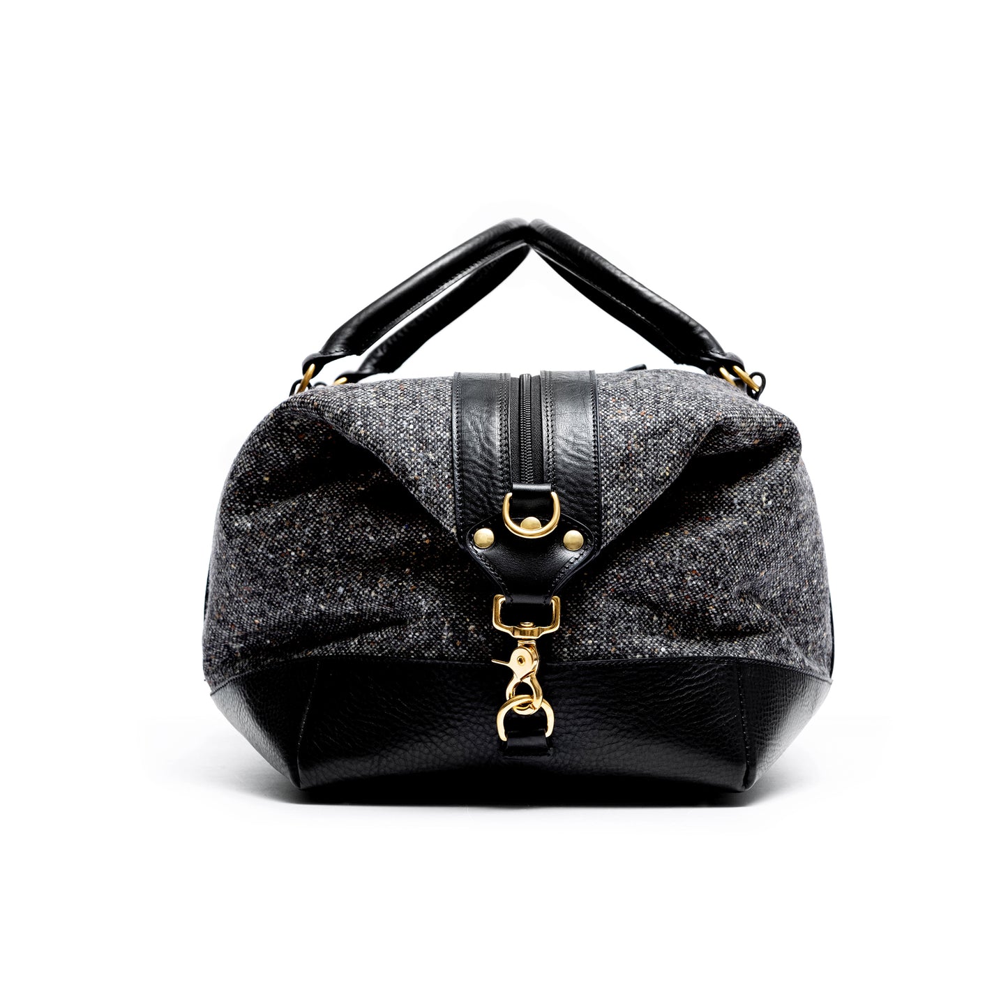 grey tweed leather duffle bag black