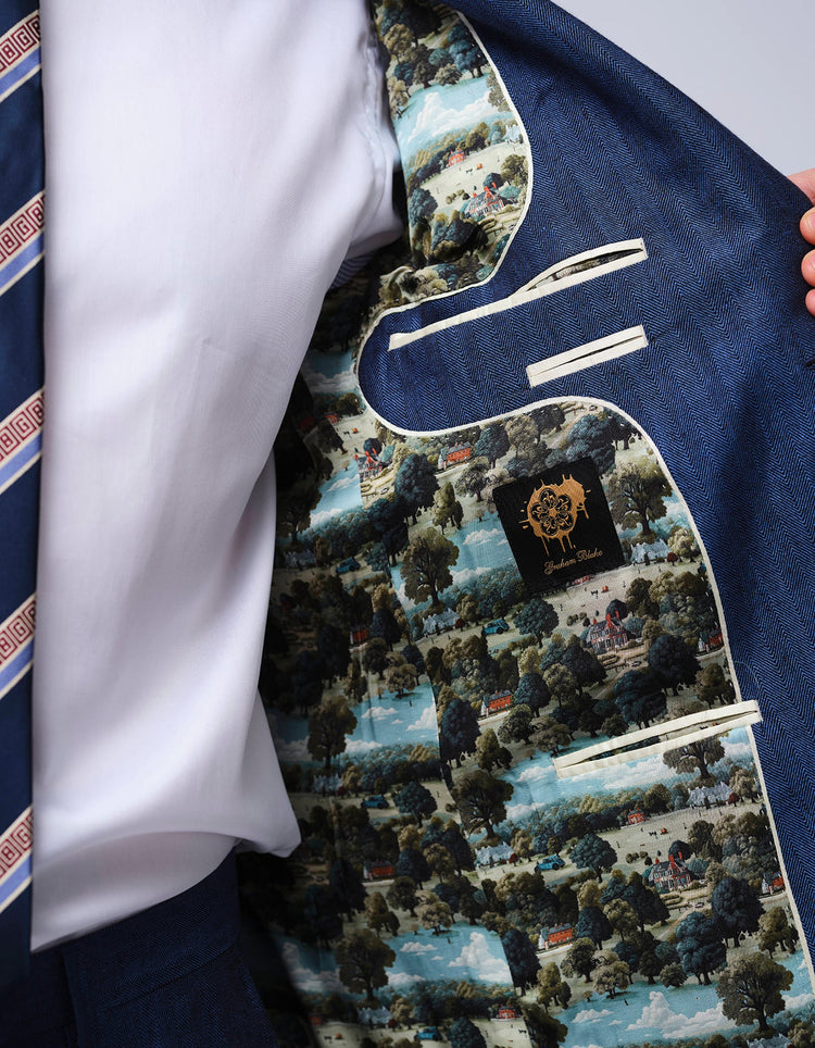 Navy Herringbone Linen Suit - Gresham Blake Online