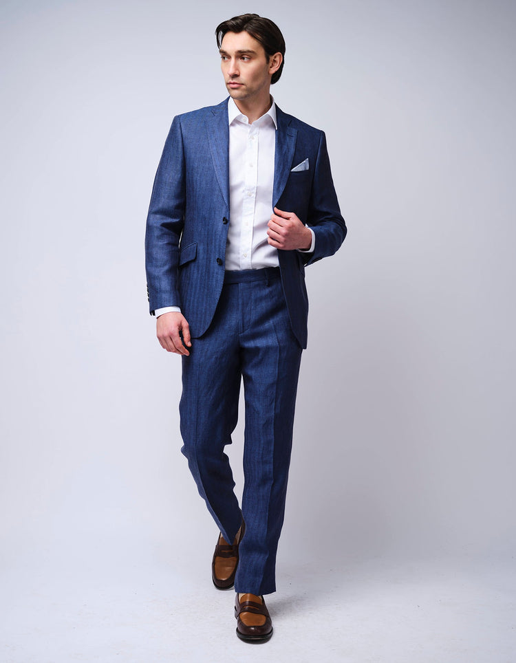 Navy Herringbone Linen Suit - Gresham Blake Online