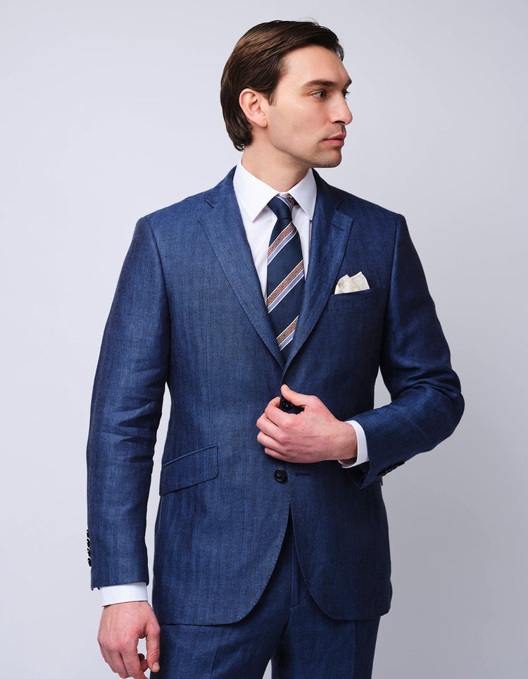 Navy Herringbone Linen Suit - Gresham Blake Online