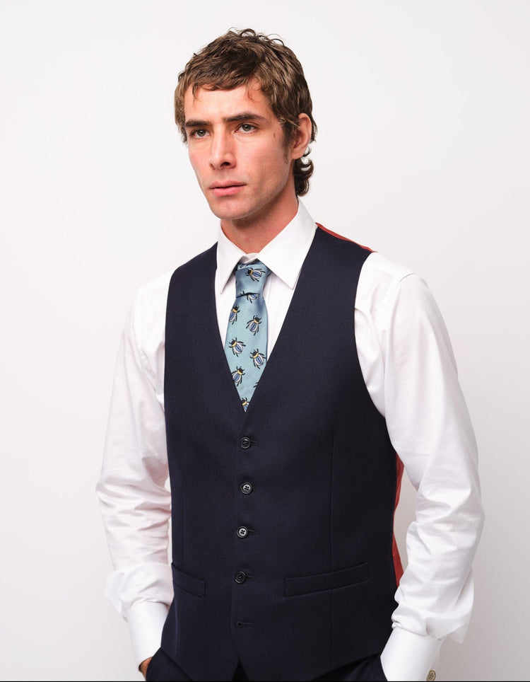 Navy Merino Wool Twill Waistcoat - Gresham Blake Online