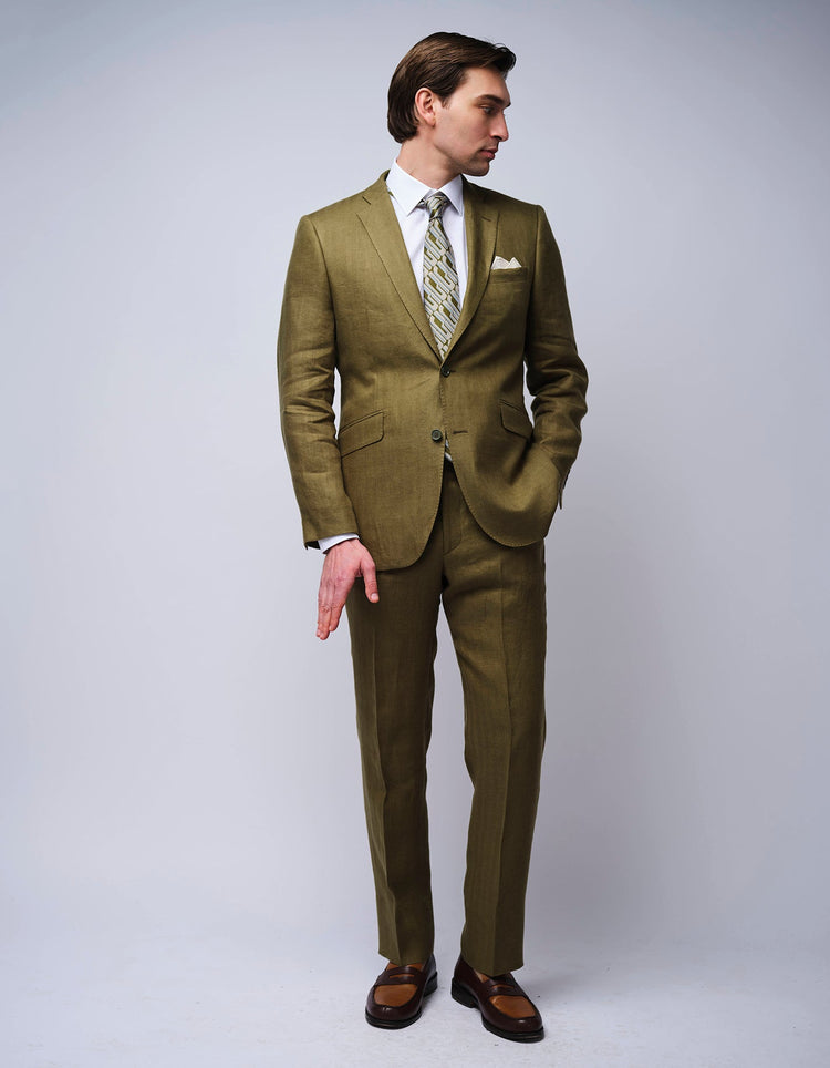 Olive Herringbone Linen Suit - Gresham Blake Online