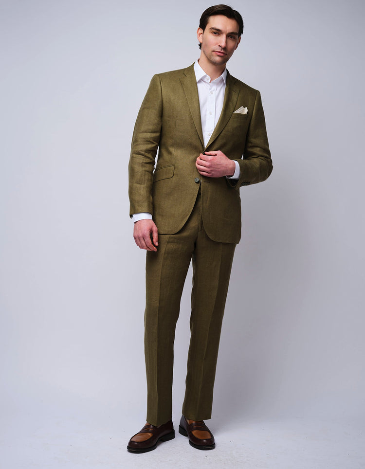 Olive Herringbone Linen Suit - Gresham Blake Online