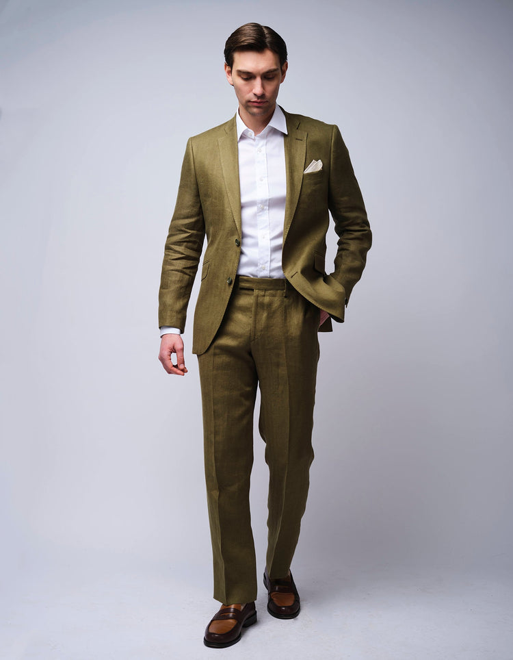Olive Herringbone Linen Suit - Gresham Blake Online