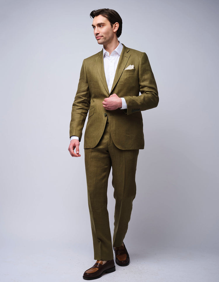 Olive Herringbone Linen Suit - Gresham Blake Online