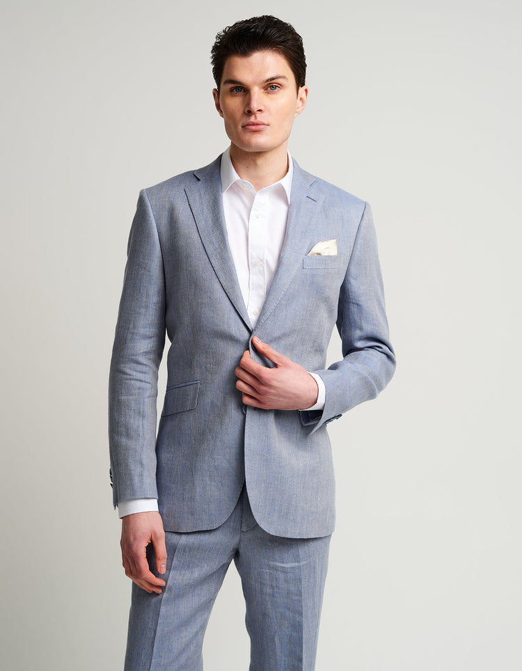 Pale Blue Herringbone Linen Suit - Gresham Blake Online