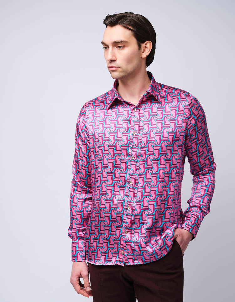 Pink & Blue Chess Piece Silk Shirt - Gresham Blake Online
