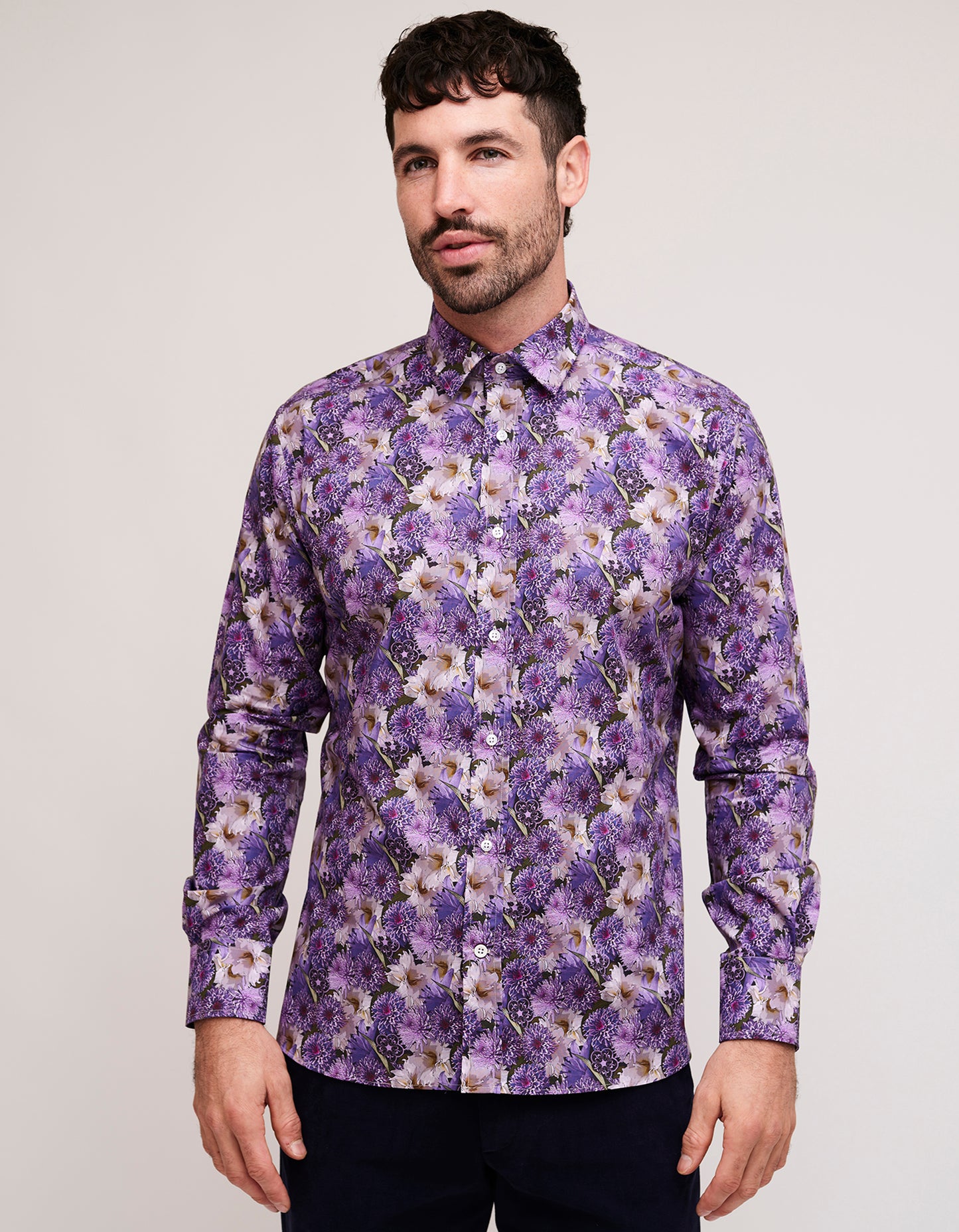 purple floral shirt