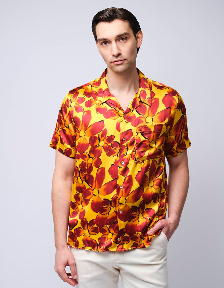 Red & Orange Floral Short Sleeve Silk Shirt - Gresham Blake Online