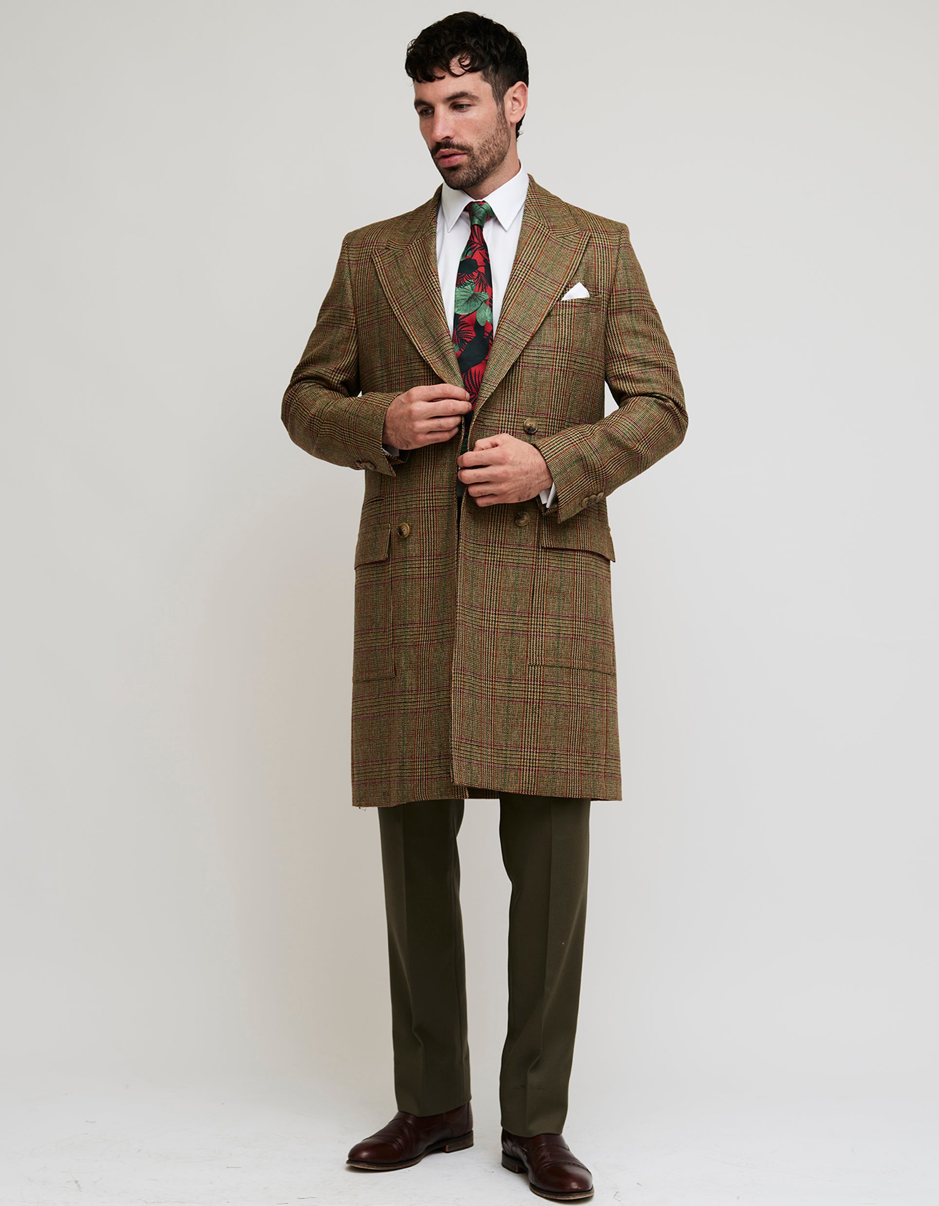 Double breasted shop tweed overcoat