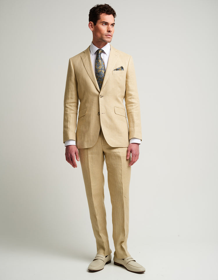 Cream Sand Herringbone Linen Suit