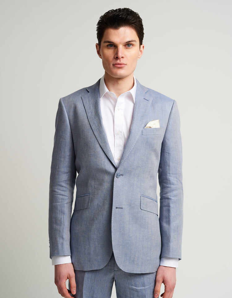 Pale Blue Herringbone Linen Suit