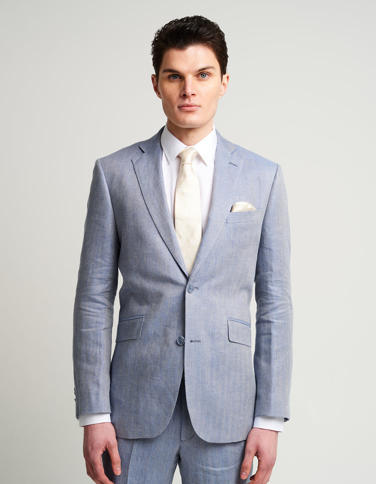 Pale Blue Herringbone Linen Suit