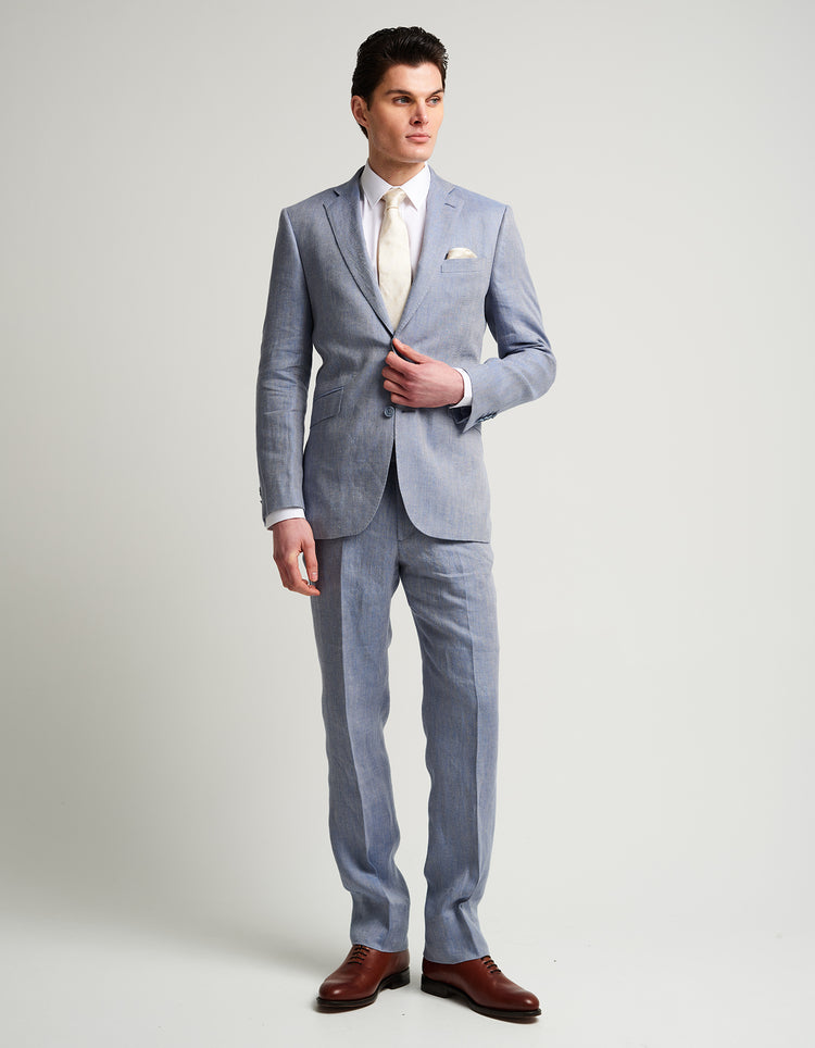 Pale Blue Herringbone Linen Suit