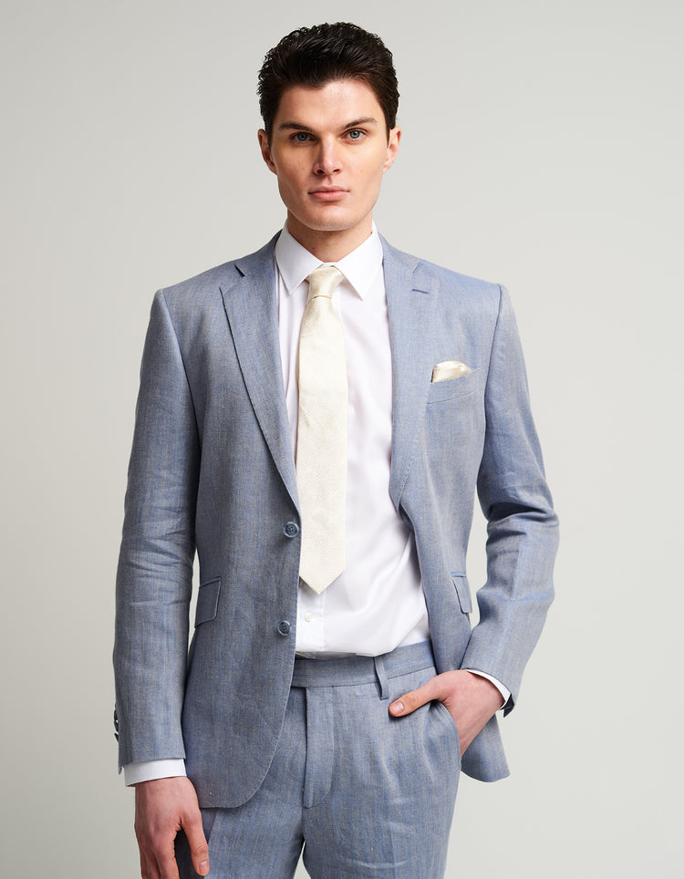 Pale Blue Herringbone Linen Suit