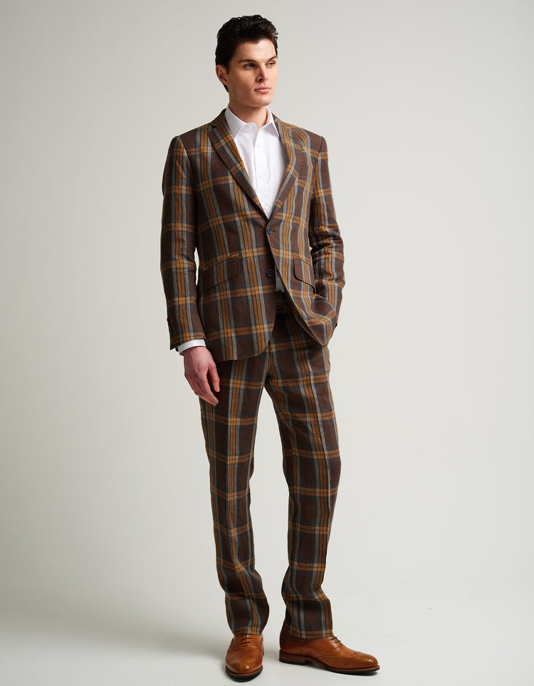 Brown with Orange & Blue Check Linen Suit