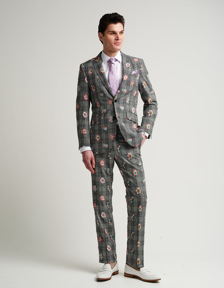 Grey Check Embroidered Suit