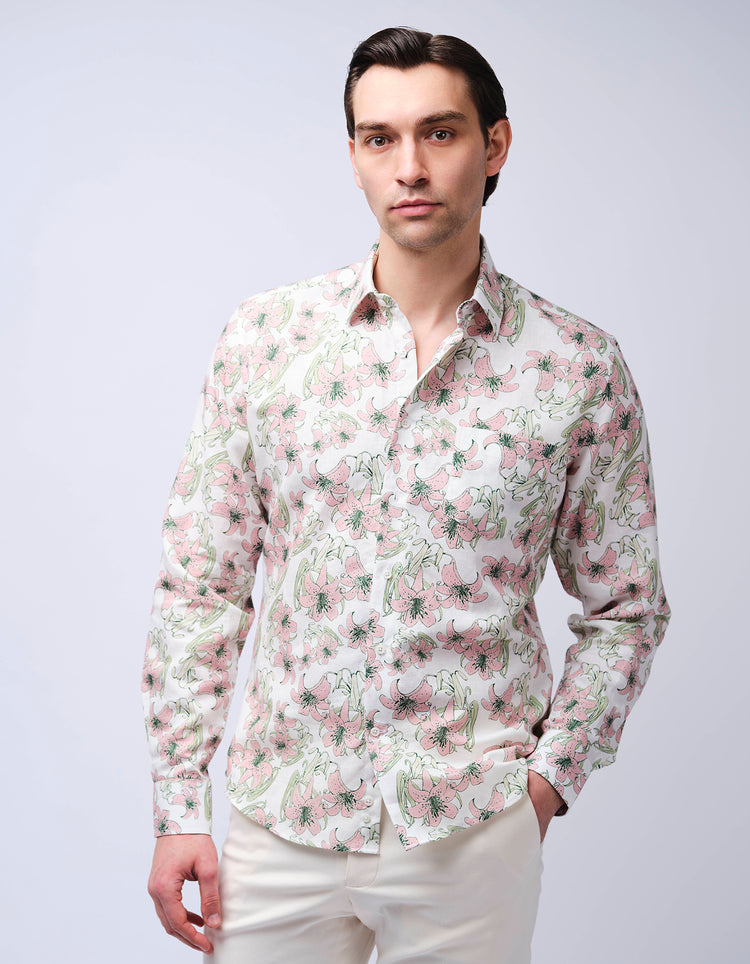 Pink Lilies Linen Shirt