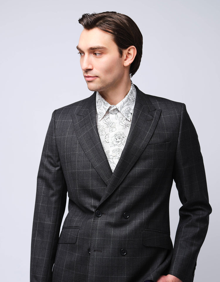 Grey Check Double Breasted Wool Suit