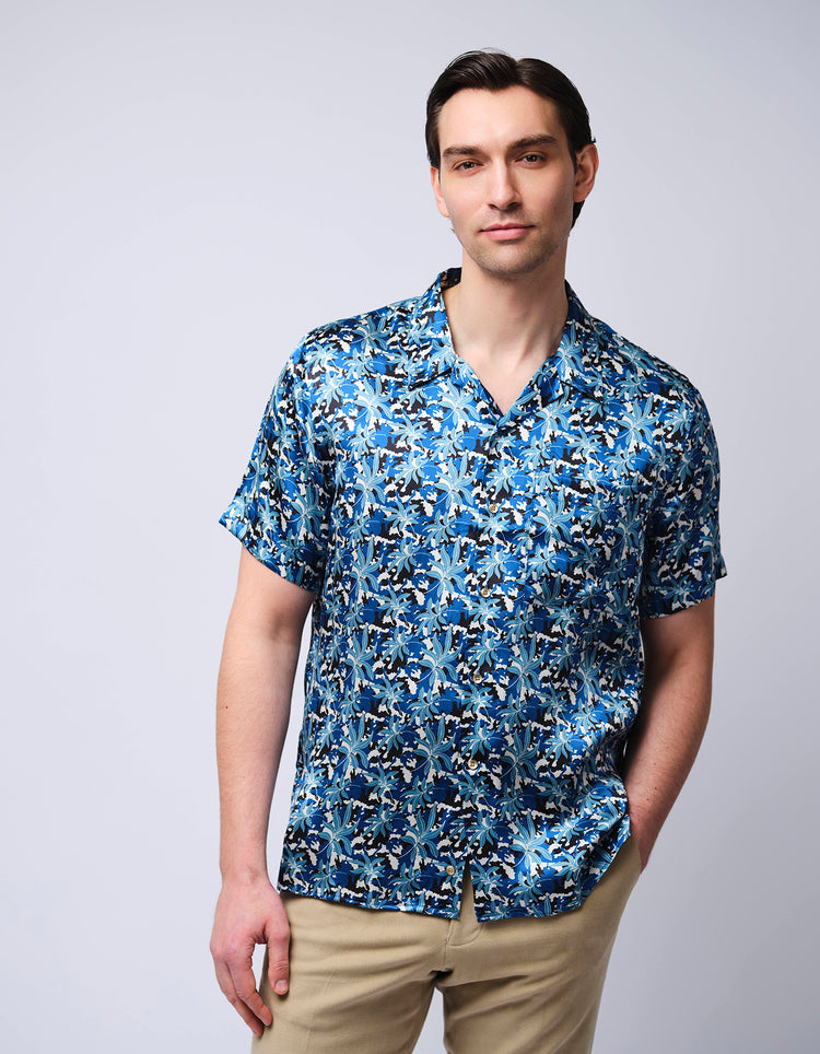 Blue Leaves Short Sleeve Silk Shirt