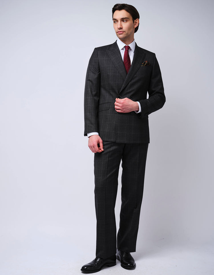Grey Check Double Breasted Wool Suit