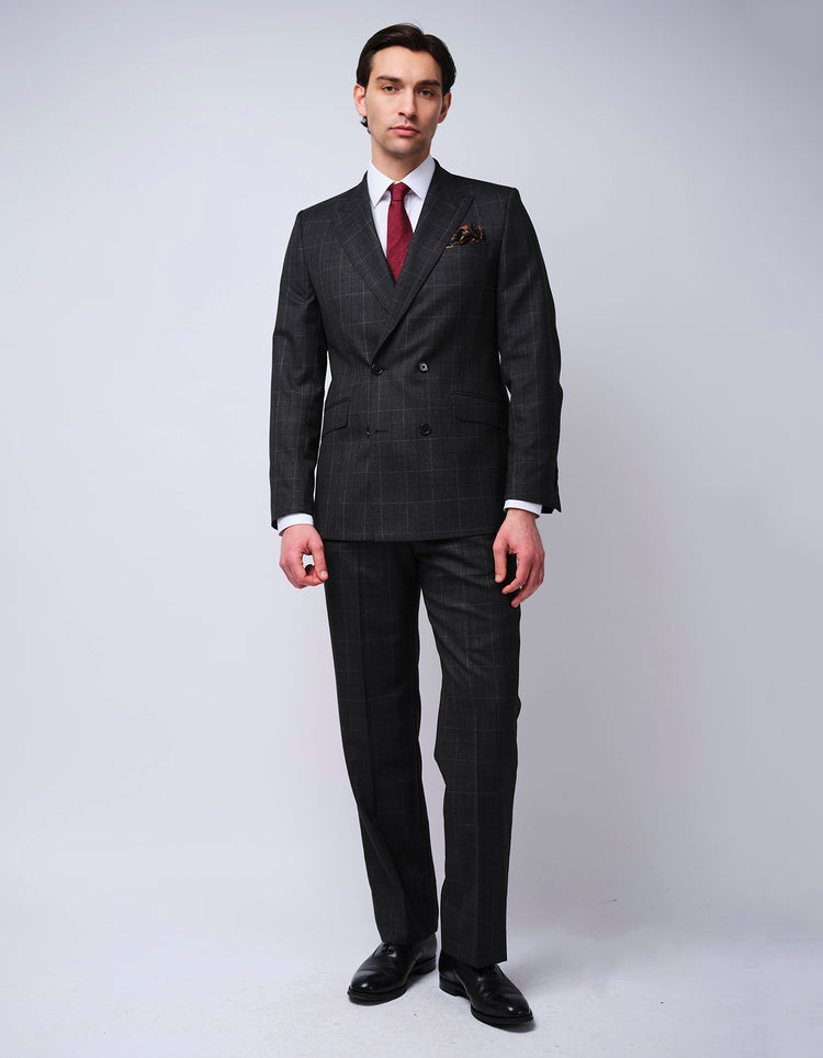 Grey Check Double Breasted Wool Suit