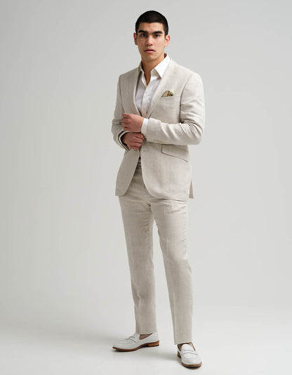 Ivory & Beige Herringbone Linen 2 Piece Suit