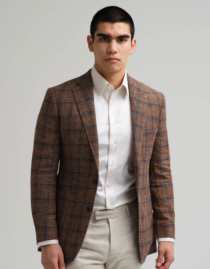 Brown & Navy Check Wool Linen Jacket